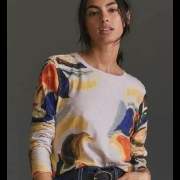 Anthropologie Maeve Abstract Long Sleeve Tee Top M - Picture 1 of 7